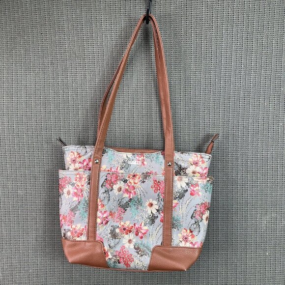 Rosetti Floral Tote Bag With Tan Faux Leather Accents & Multiple Pockets - Picture 2 of 11